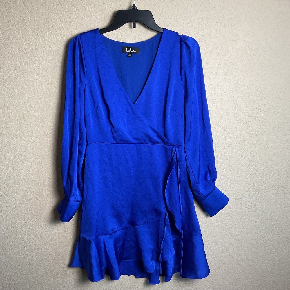 Lulus Womens Small Bona Fide Babe Cobalt Blue Satin Faux Wrap Mini Dress